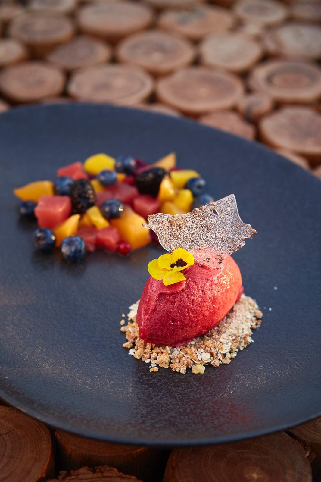 Fine dining dessert plated on slate